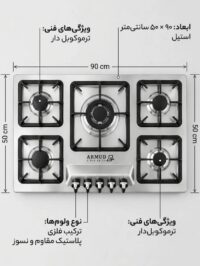گاز صفحه‌ای توکار آرمود AR20-55 با ابعاد 90 در 50 سانتی‌متر، شیشه سکوریت مقاوم، ولوم فلزی پلاستیک مقاوم و نسوز، و شعله‌های ترموکوپل‌دار