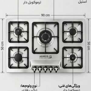گاز صفحه‌ای توکار آرمود AR20-55 با ابعاد 90 در 50 سانتی‌متر، شیشه سکوریت مقاوم، ولوم فلزی پلاستیک مقاوم و نسوز، و شعله‌های ترموکوپل‌دار